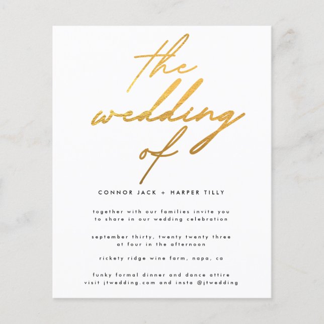 Modern Budget Gold Foil White The Wedding Invite Flyer (Front)