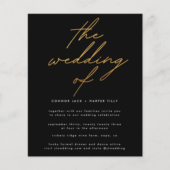 Modern Budget Onyx Gold The Wedding Invite Flyer (Front)