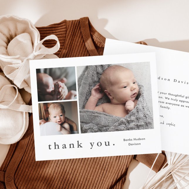 Modern Budget Photo Collage Baby Thank You Card (Simple 3 Photo Collage Budget Baby Thank You Cards.)