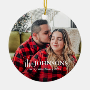Modern Budget Plaid 1 Photo Script Christmas Ceramic Tree Decoration