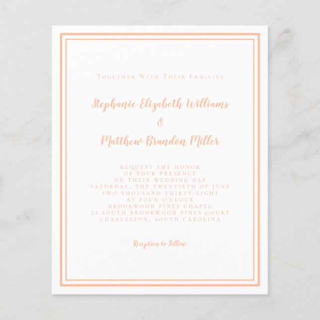 Modern Budget Simple Peach Chic Wedding Invitation (Front)