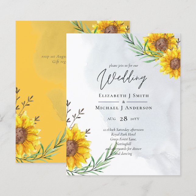 Modern BUDGET Sunflower Yellow Wedding Invite (Front/Back)