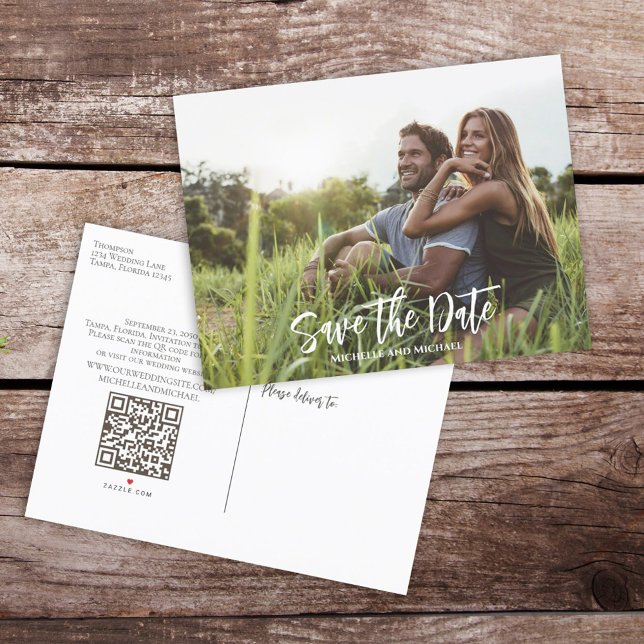 Modern Budget Wedding Save the Date Photo QR Code Announcement Postcard (Creator Uploaded)
