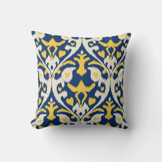 Modern buff yellow blue ikat tribal pattern cushion (Front)