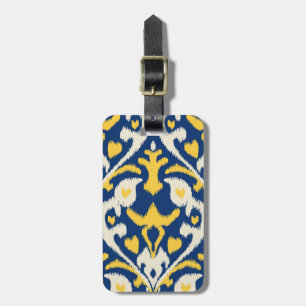 Modern buff yellow blue ikat tribal pattern luggage tag