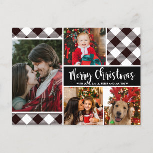 Modern Buffalo Plaid 4 Photo Collage Christmas Postcard