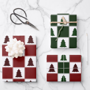 Modern Buffalo Plaid Christmas Tree Pattern Wrapping Paper Sheet