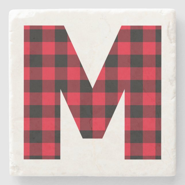 Modern Buffalo Plaid M Monogram Stone Coaster (Front)