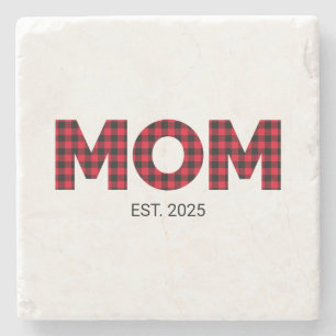 Modern Buffalo Plaid Mom Established Date Photo Stone Coaster