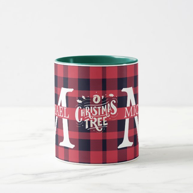 Modern Buffalo Plaid Monogram Christmas holiday  Mug (Center)
