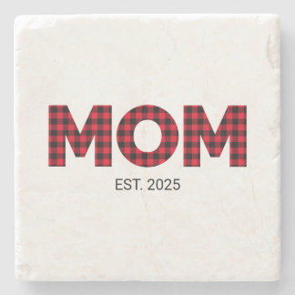 Modern Buffalo Plaid Mum Established Date Photo Stone Coaster