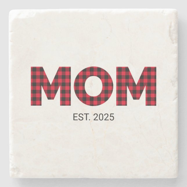 Modern Buffalo Plaid Mum Established Date Photo Stone Coaster (Front)