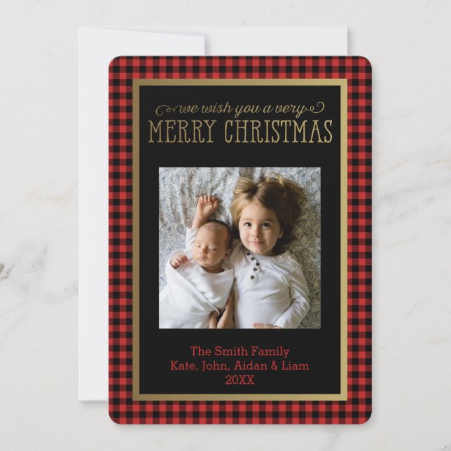 Modern Buffalo Plaid Photo Christmas Card (Front)