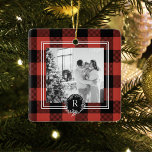 Modern Buffalo Red Plaid | Family Photo | Initial  Ceramic Ornament<br><div class="desc">Modern Buffalo Red Plaid | Family Photo | Initial</div>