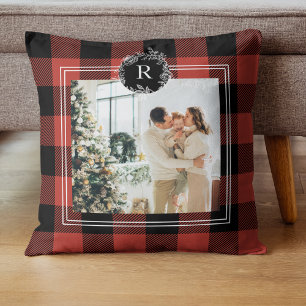 Modern Buffalo Red Plaid   Family Photo   Initial Cushion