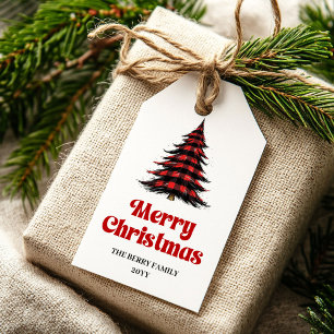 Modern buffalo tree gift tag red green design