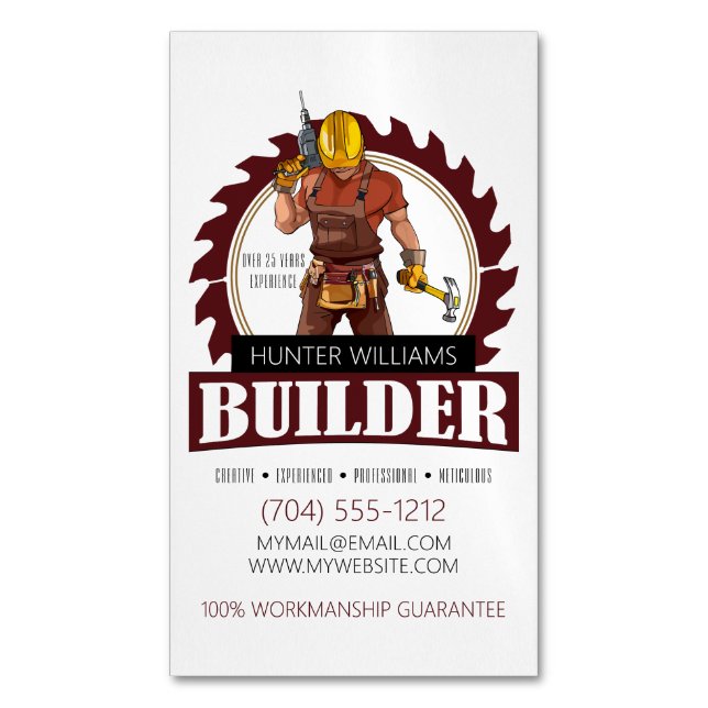 Modern Builder Contractor Construction Handyman Magnetic Business Card (Front Vertical)
