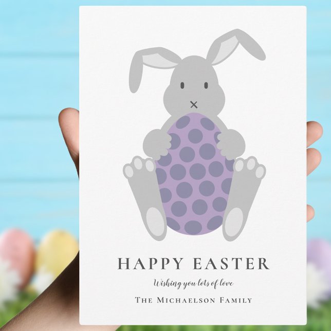 Modern Bunny and Egg Easter Holiday Card (Happy Easter cute bunny and spotty Easter egg simple family Easter greetings card)