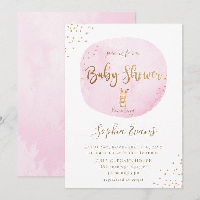 Modern Bunny Typography Baby Shower Chic Pink Gold Invitation (Front/Back)