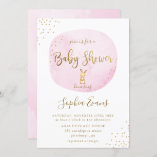 Modern Bunny Typography Baby Shower Chic Pink Gold Invitation