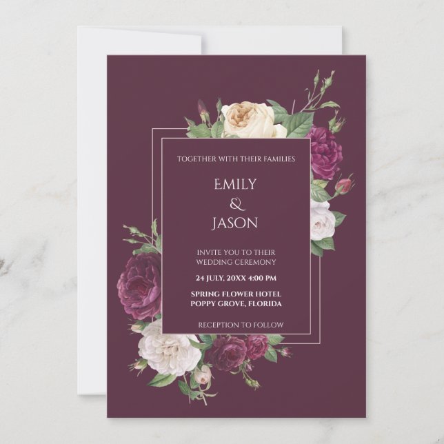 Modern Burgudy and White Peonies Invitation (Front)