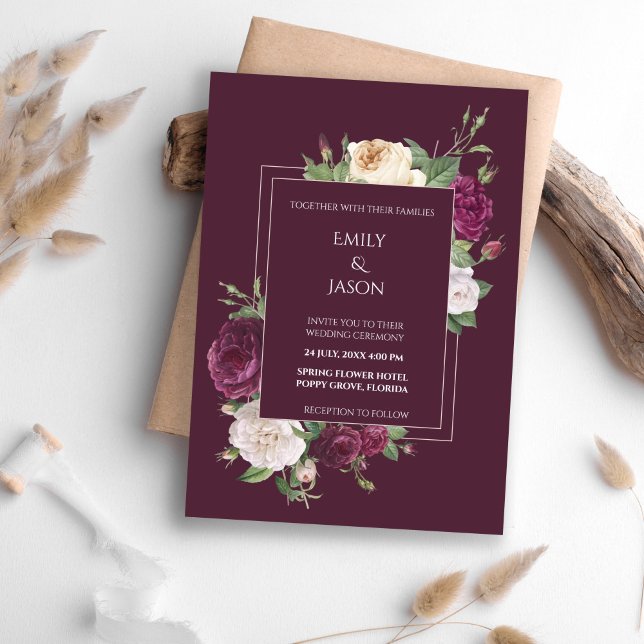 Modern Burgudy and White Peonies Invitation (Modern Burgudy and White Peonies Invitation on a boho table.)