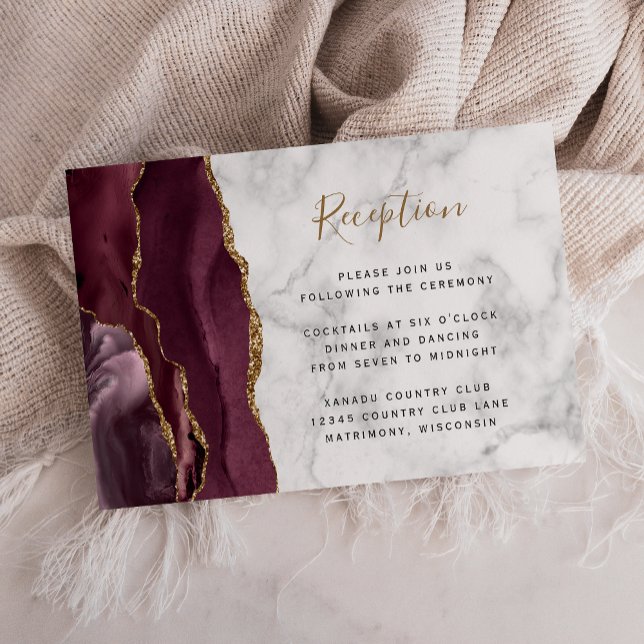 Modern Burgund Gold Agate Marble Wedding Reception Enclosure Card (Creator Uploaded)