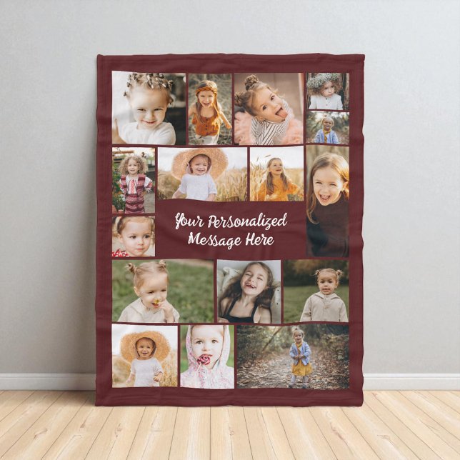 Modern Burgundy 16 Photo Collage Custom Color  Fleece Blanket (Creator Uploaded)