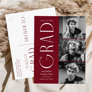 Modern Burgundy 3 Photo Graduation Party Invitation Postcard