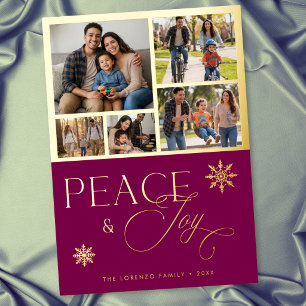Modern Burgundy 5 Photo Collage Peace & Joy Foil Holiday Card