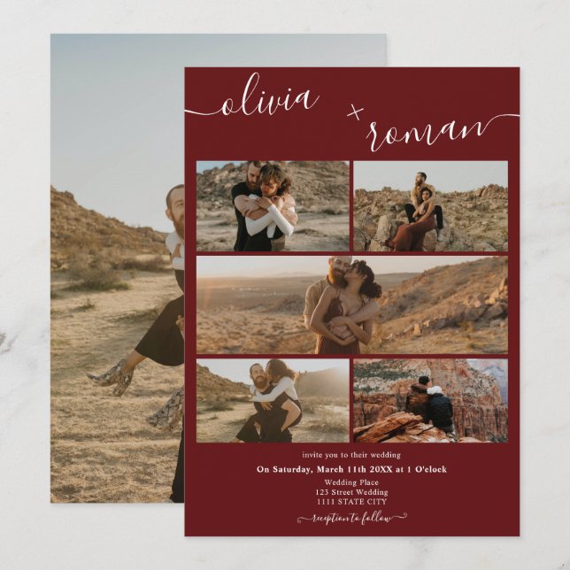 Modern burgundy 6 photos grid collage wedding invitation (Front/Back)