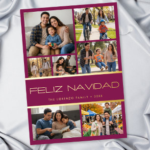 Modern Burgundy 7 Photo Collage Feliz Navidad Foil Holiday Card