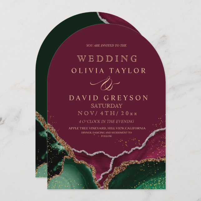 Modern Burgundy Agate Emerald Green Gold Wedding Invitation (Front/Back)