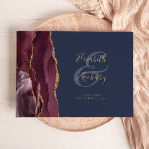 Modern Burgundy Agate Gold Script Navy Blue Guest Book