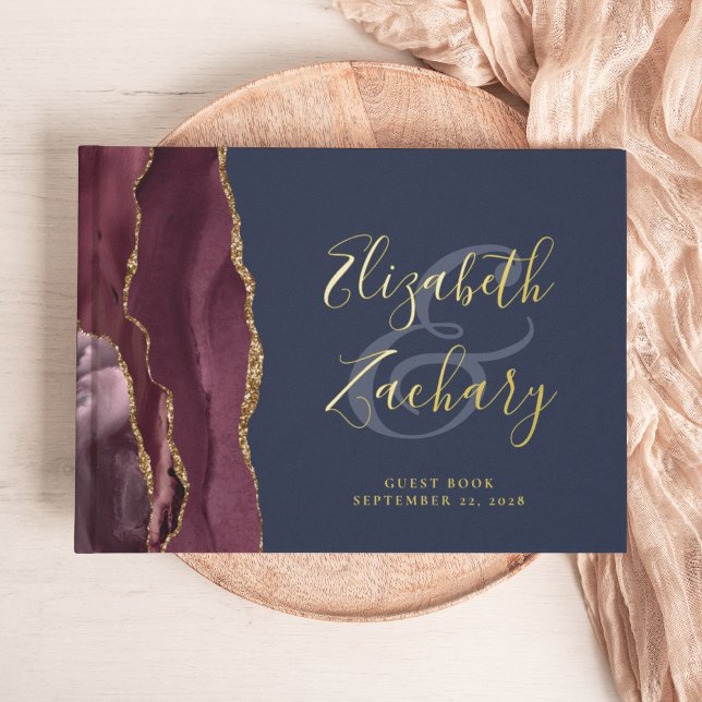 Modern Burgundy Agate Gold Script Navy Blue Guest Book (Creator Uploaded)