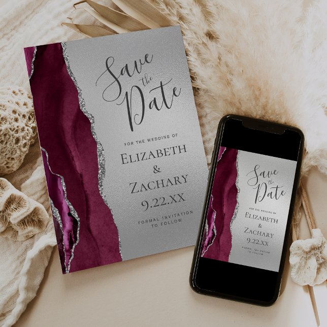 Modern Burgundy Agate Silver Save the Date Invitation (Creator Uploaded)