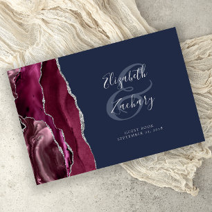 Modern Burgundy Agate Silver Script Navy Blue Guest Book