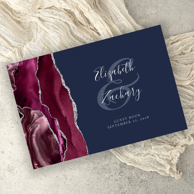 Modern Burgundy Agate Silver Script Navy Blue Guest Book (Creator Uploaded)