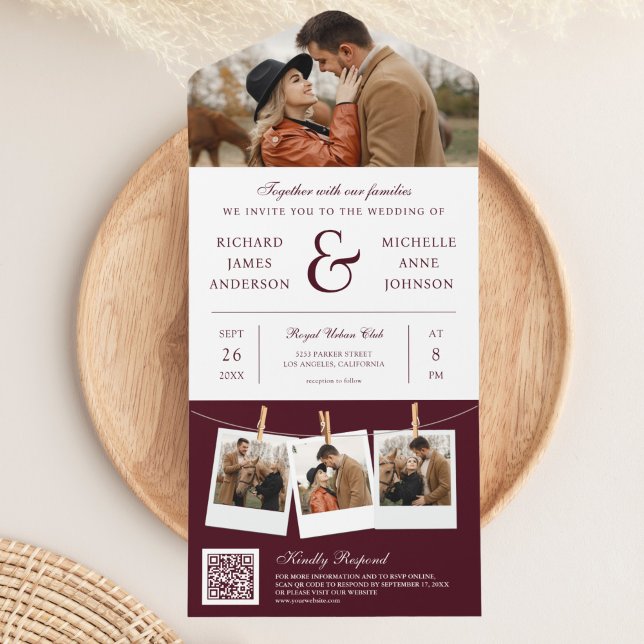 Modern Burgundy Ampersand Photo QR Code Wedding All In One Invitation (Creator Uploaded)