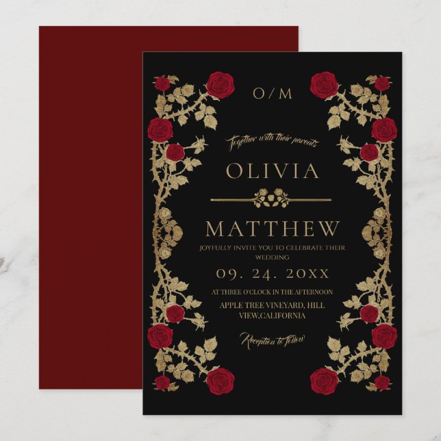 Modern Burgundy and black ⎮ Boho Red Rose Wedding Invitation (Front/Back)