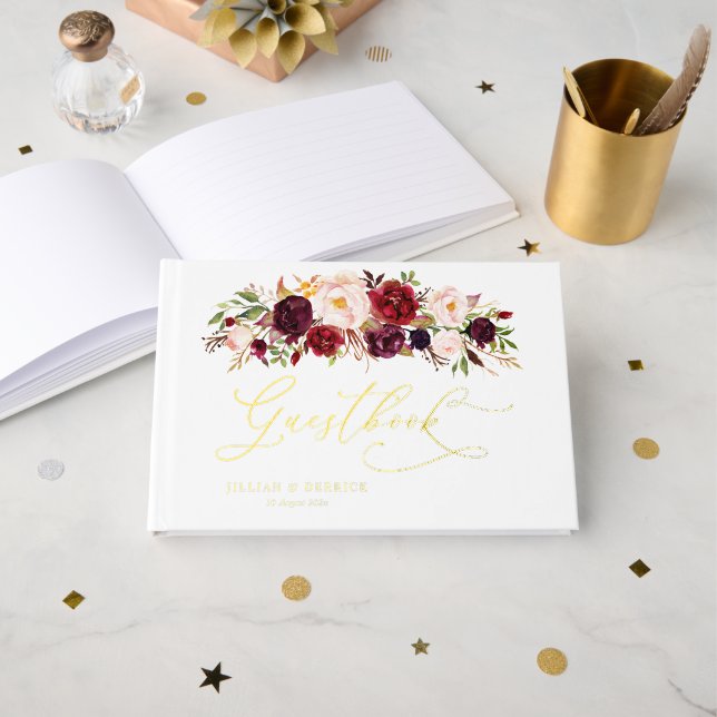 Modern Burgundy And Blush Floral Guest Book (Front Open)