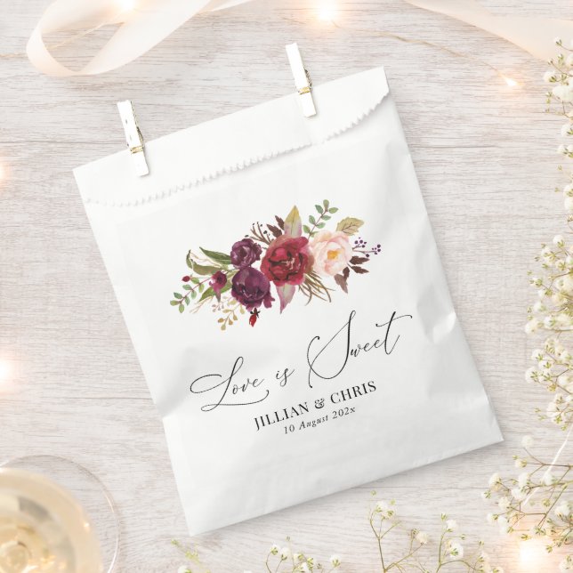 Modern Burgundy And Blush Floral Wedding Favour Bags (Clipped)