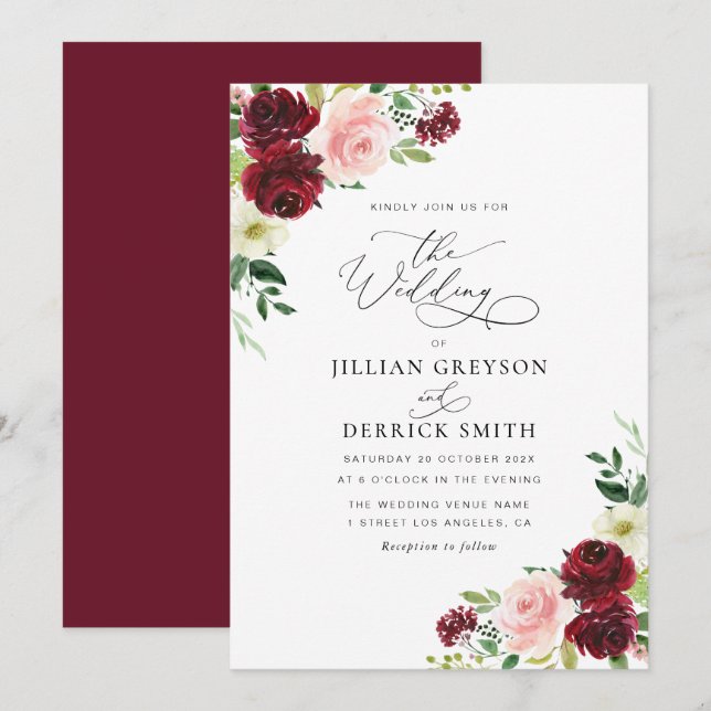 modern burgundy and blush floral wedding invitation (Front/Back)