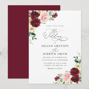 modern burgundy and blush floral wedding invitation