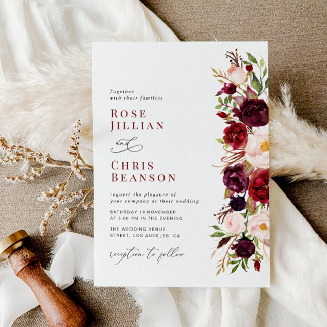 Modern Burgundy And Blush Floral Wedding Invitation (Creator Uploaded)