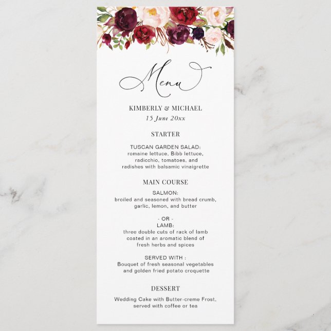 Modern Burgundy And Blush Floral Wedding Menu (Front)