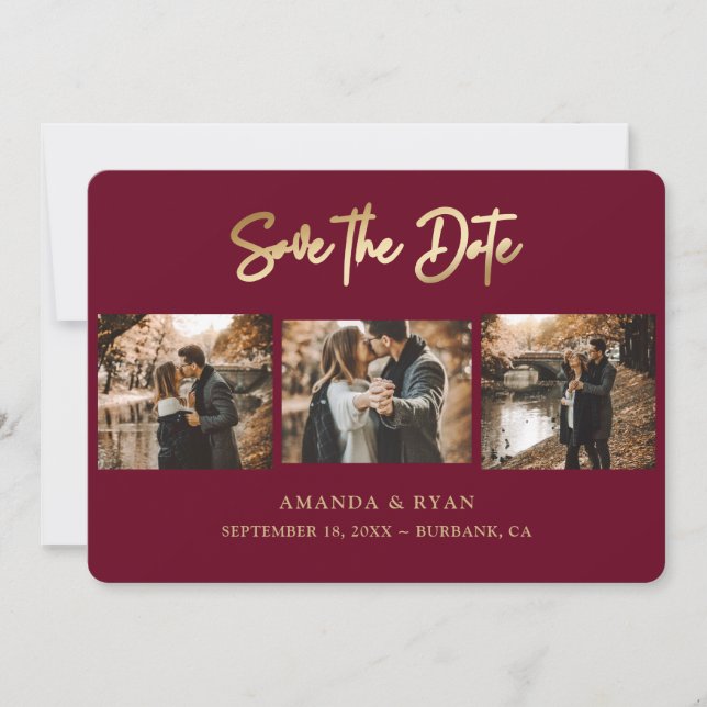 Modern Burgundy and Gold Foil Wedding 3 Photo Save The Date (Front)