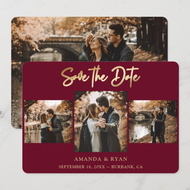 Modern Burgundy and Gold Foil Wedding 4 Photo Save The Date (Front/Back)