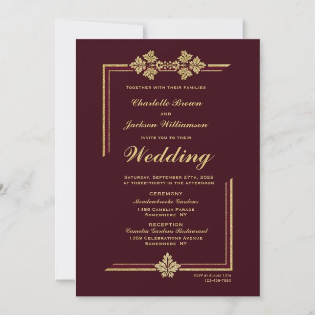 Modern Burgundy and Gold Glitter Wedding Invitation (Front)
