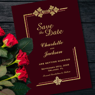 Modern Burgundy and Gold Glitter Wedding Save The Date